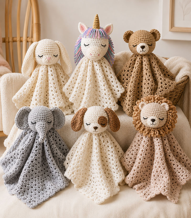 Crochet unicorn lovey displayed with yarn and other handmade baby lovey pattern pieces