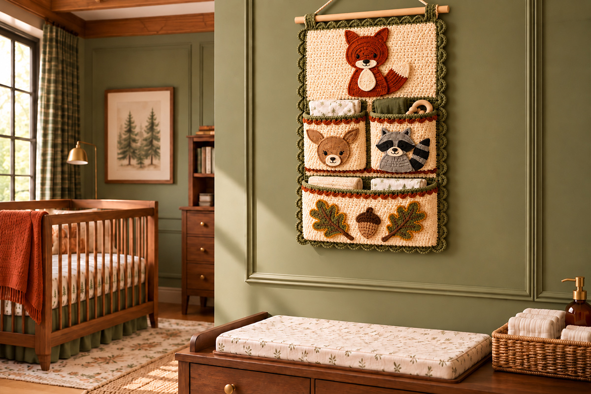 Free crochet wall organizer pattern with woodland fox deer raccoon oak leaf and acorn appliques on nursery storage pockets