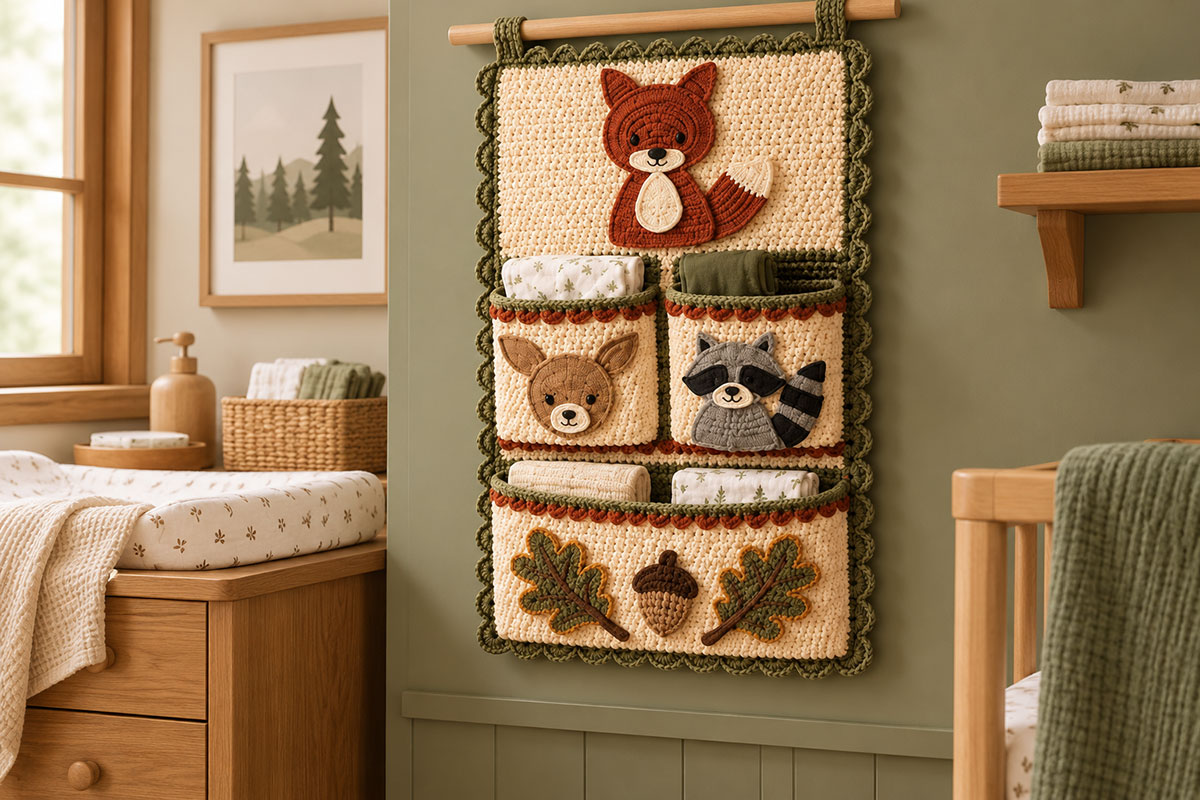 Finished crochet nursery wall organizer with two smaller middle pockets one deep lower pocket scalloped edging and wooden dowel hanger