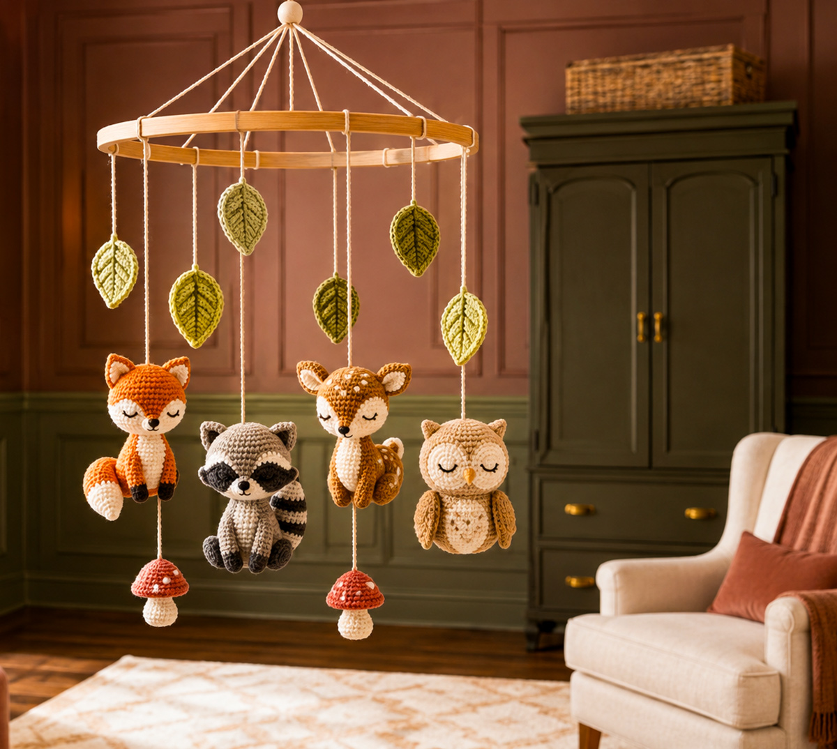 Crochet woodland animal baby mobile with forest animals, mushrooms and leaves