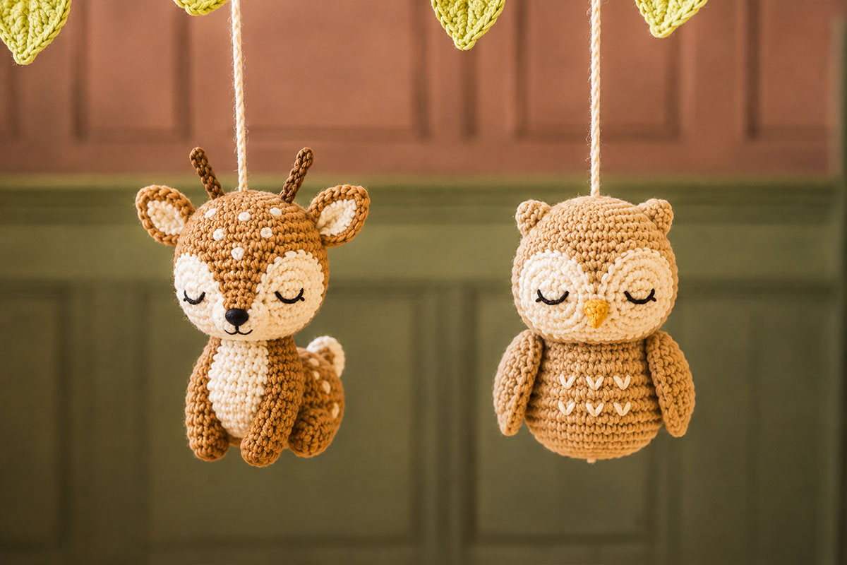 Finished crochet fawn and owl figures with embroidered faces for a woodland animal baby mobile