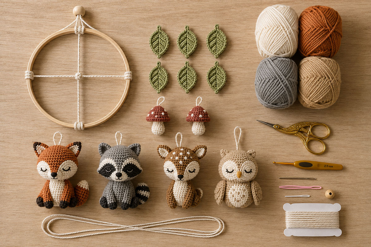 DK yarn crochet hook wooden mobile hoop embroidery floss fiberfill and tools for a woodland animal baby mobile