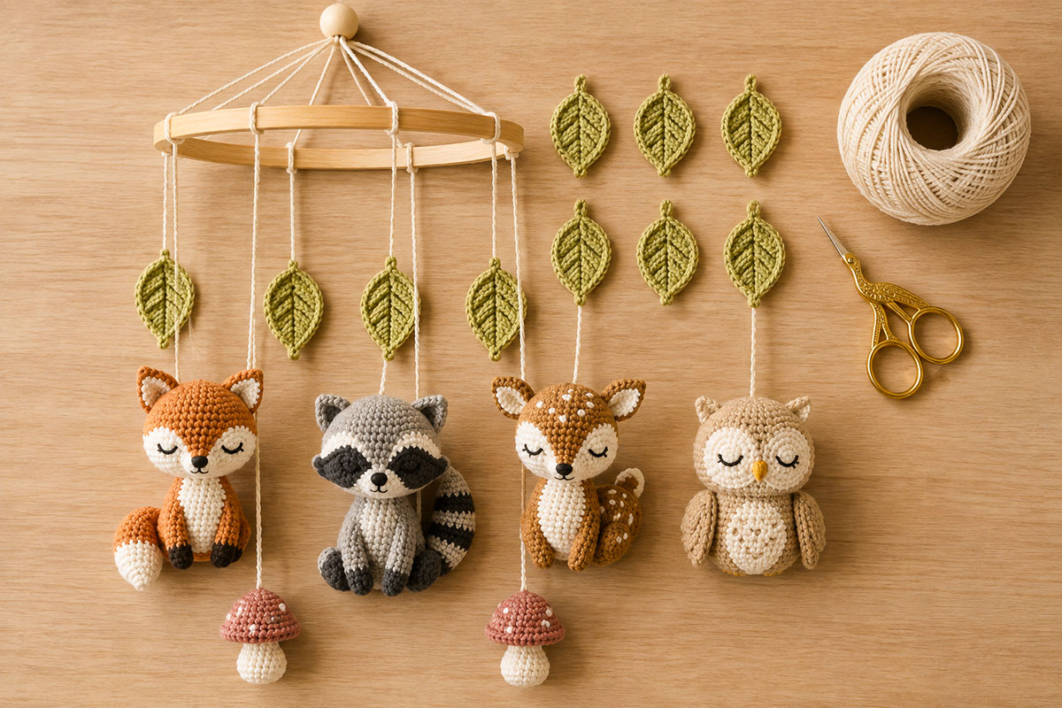 Crochet fox raccoon fawn owl mushrooms and leaves arranged before woodland mobile assembly