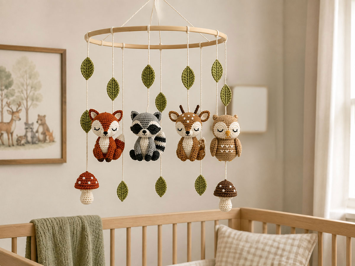 Finished crochet woodland animal mobile securely suspended beyond a baby's reach in a woodland nursery