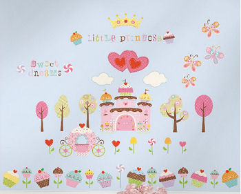 Baby girl fairy cupcake wall decals with a princess crown, carriage, trees hearts, butterflies and flowers