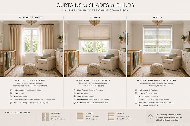 Comparison of curtains shades and blinds for nursery windows