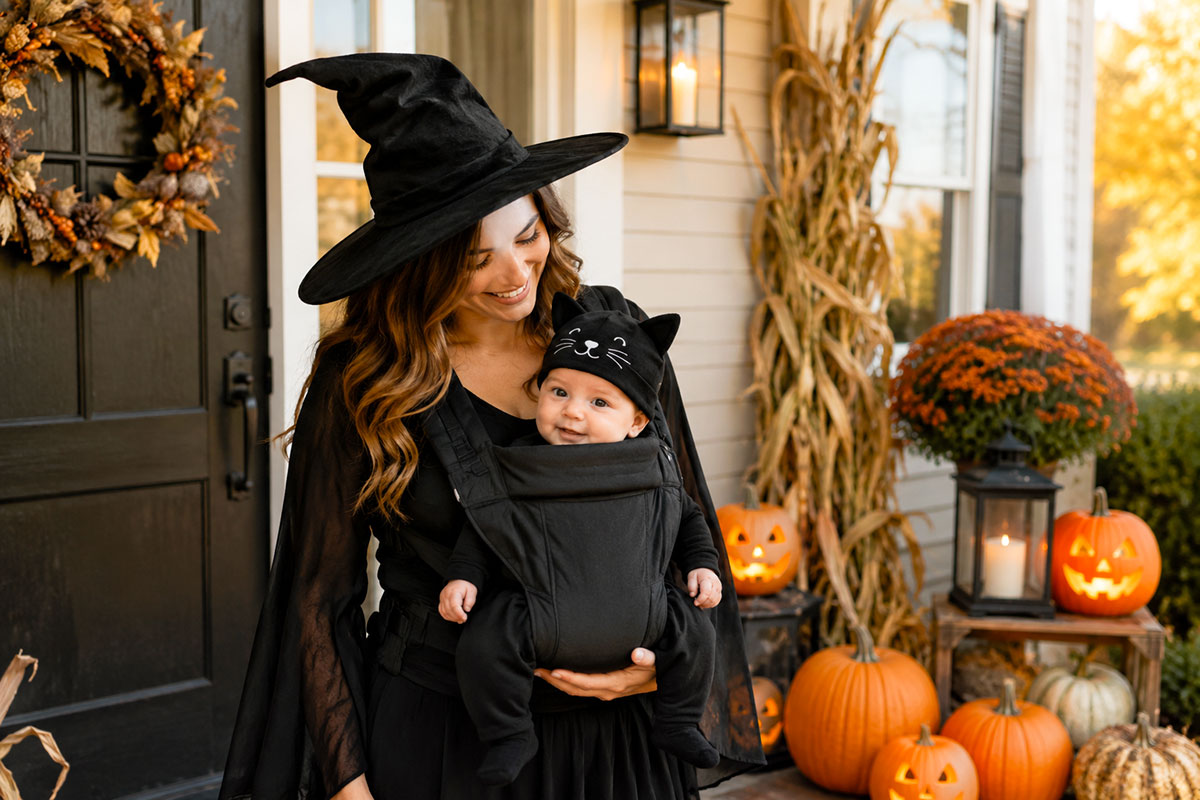 Mother dressed as a witch carrying a baby dressed as a black cat in a front baby carrier on a decorated autumn porch