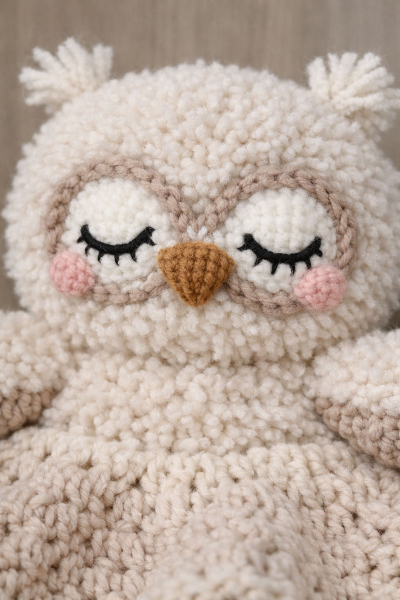 Close-up texture of a cute owl baby lovey crochet pattern showing plush fuzzy yarn and embroidered baby-safe features