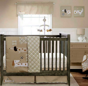 Cute decorated dachshund puppy dog sports combination baby nursery theme decorated in neutral colors
