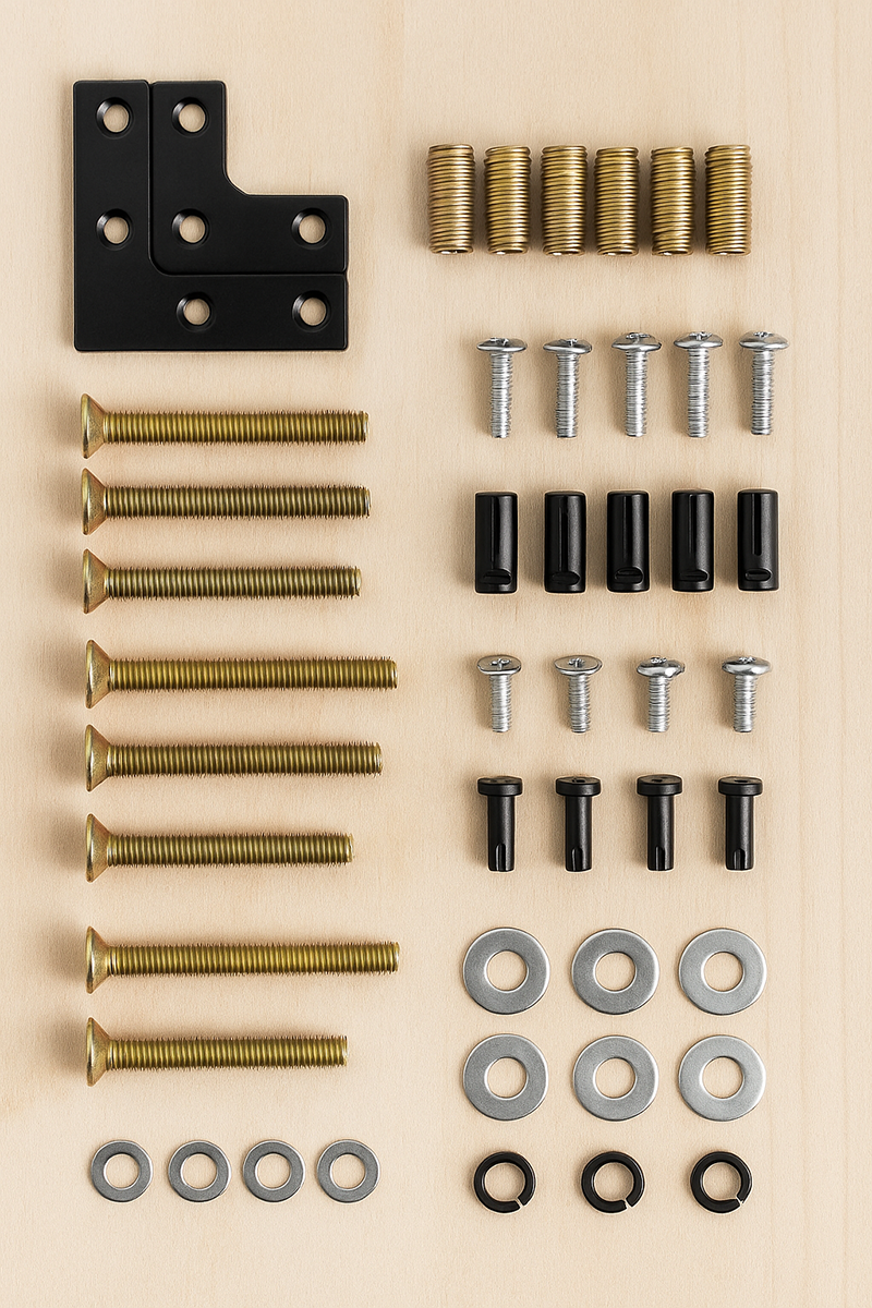 DaVinci crib hardware replacement kit with bolts, screws, washers and brackets neatly arranged