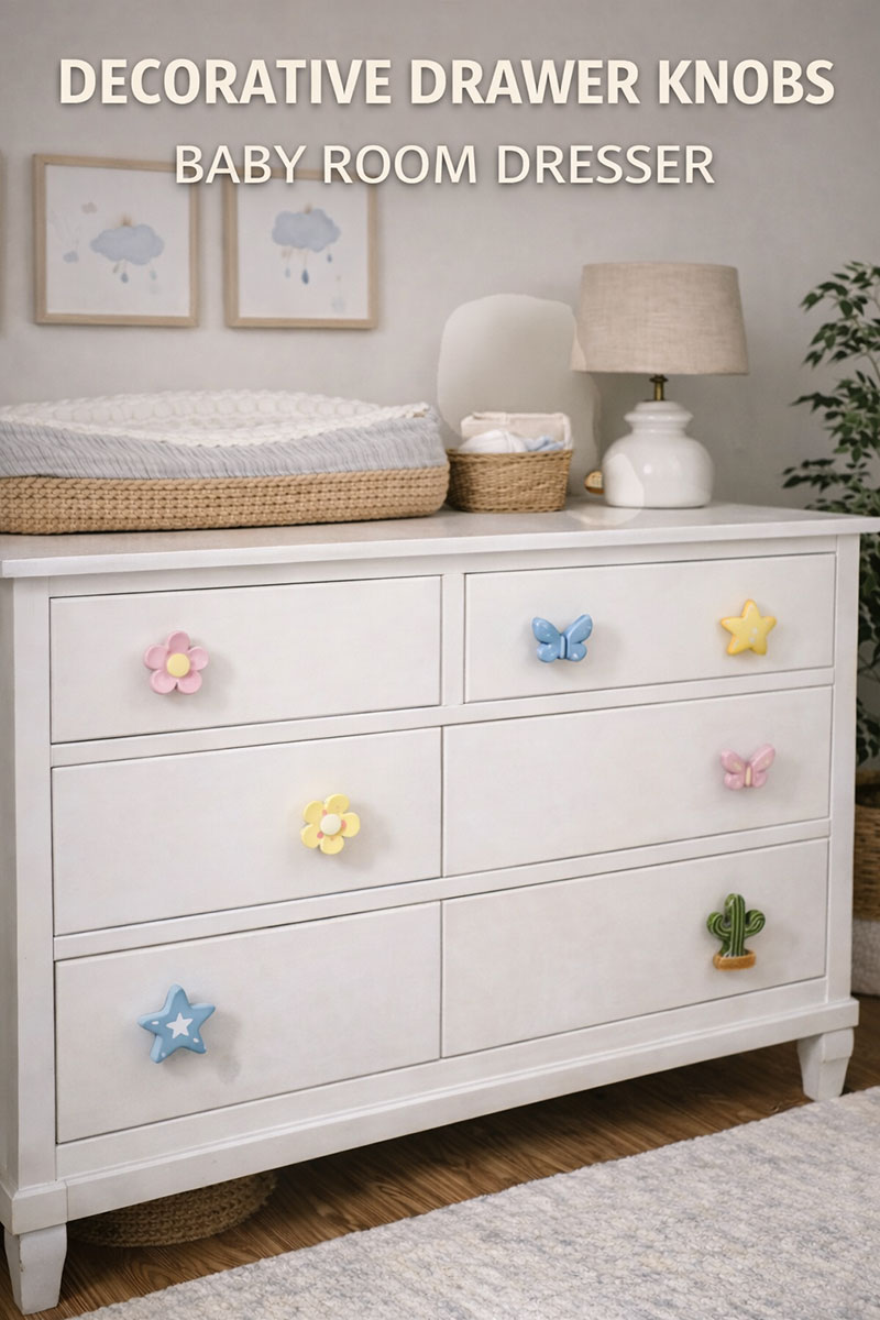 Decorative drawer knobs on a baby room dresser