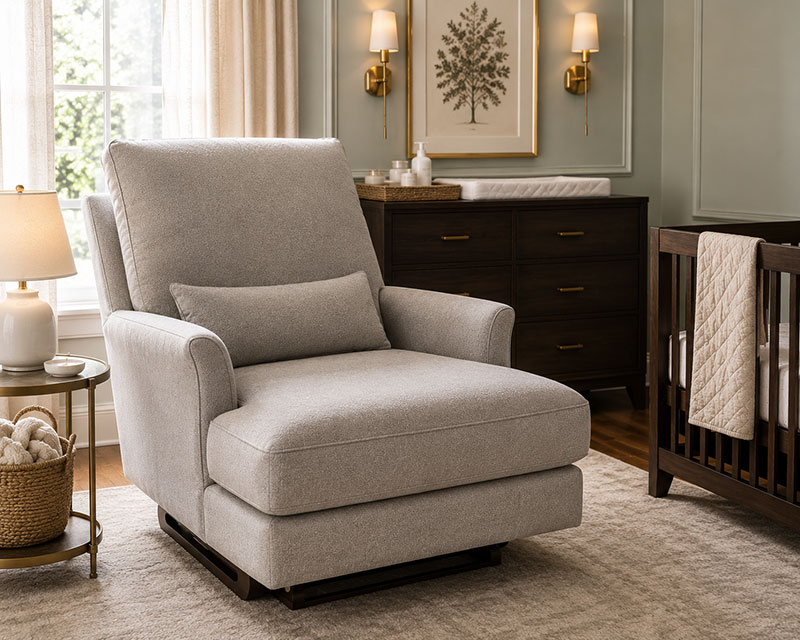 deep seat nursery chair with extra leg room beside a baby crib