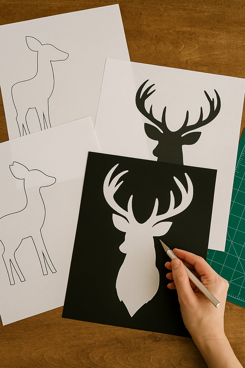 Cutting the deer art silhouettes for the DIY nursery wall trio using printed templates and black cardstock