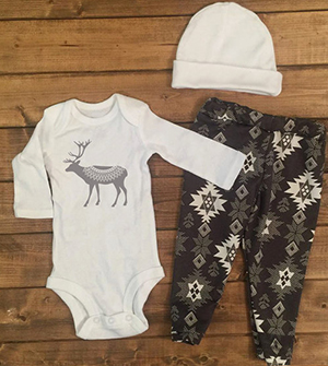 Gender neutral deer baby outfit gift set clothes collection with baby bodysuit onesie leggings and newborn hat monogram personalized