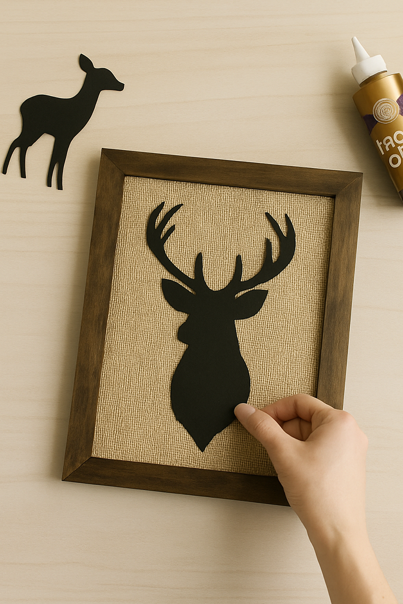 Mounting a black deer silhouette onto a burlap background in a rustic wooden frame for woodland nursery wall art
