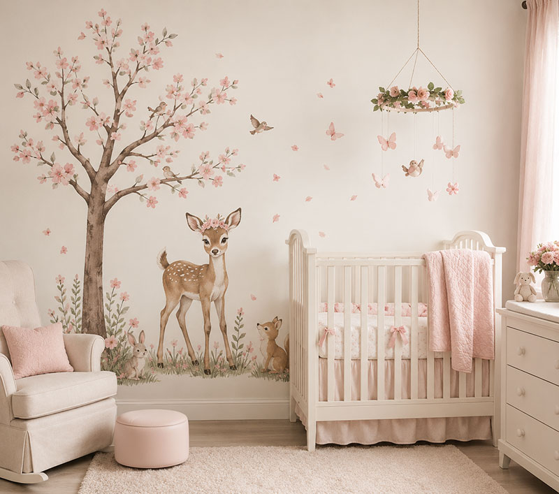 Baby girl nursery with deer wall decals, flowering tree mural, woodland animals, blush pink nursery decor, and white crib