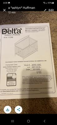 Owner's crib assembly instructions manual for a Delta 4 in 1 crib, Style 6992-645