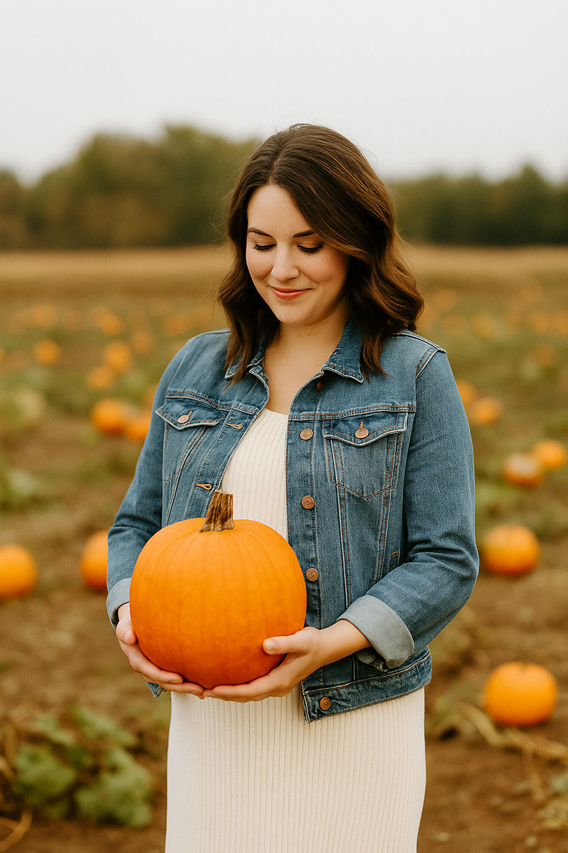 Pregnant woman in an ivory knit dress and denim jacket holding a pumpkin at a fall pumpkin patch