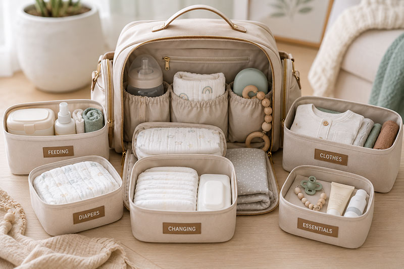organized diaper bag essentials list with pouches for newborn outings