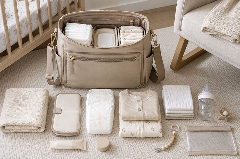 diaper bag packing list items beside a modern nursery chair
