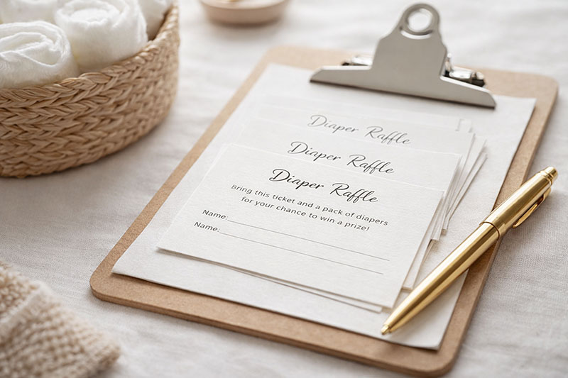 Diaper raffle tickets setup on a baby shower entry table with collection bowl
