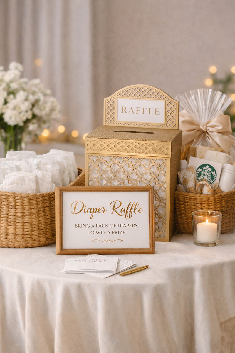 Simple diaper raffle baby shower table with neutral decor, cards, an elegant diaper raffle box and diapers arranged neatly