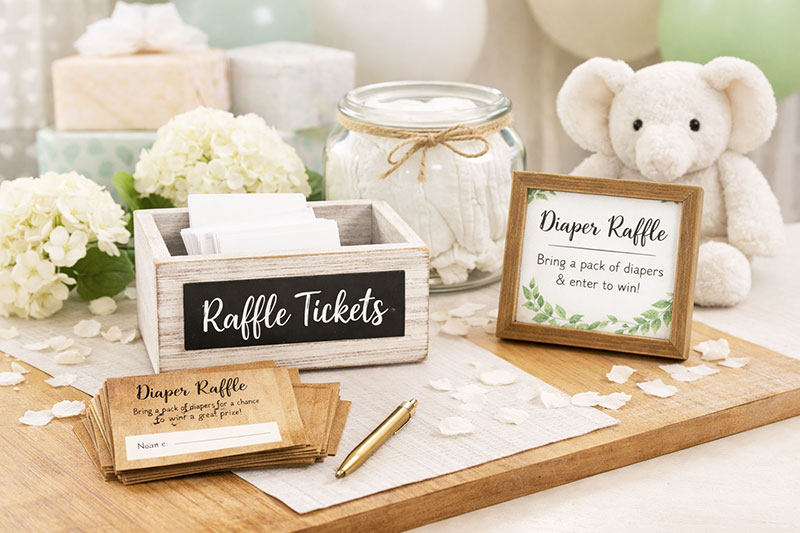 Diaper raffle tickets and cards displayed on a styled baby shower table with a raffle box, sign, and simple neutral decor
