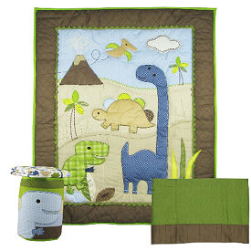 Baby dinosaur crib bedding nursery set for a baby boy or girl in green blue and brown
