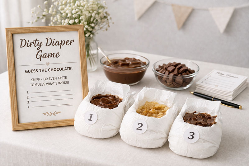Dirty diaper baby shower game setup with folded napkins placed under chairs