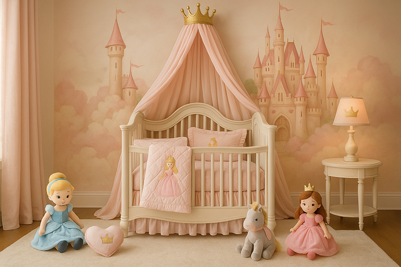 Disney princess nursery with a pink and gold canopy crib, royal castle wall mural, and princess dolls on the floor
