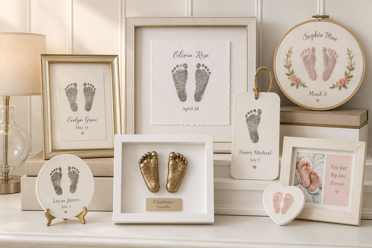 Baby footprint keepsakes displayed in a nursery with framed footprint art on the wall and a clay impression stored in a keepsake box