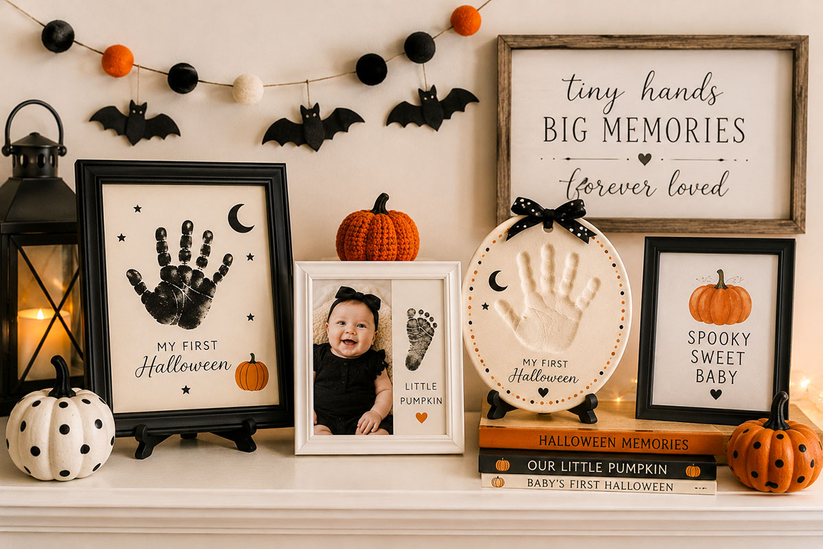 Framed baby Halloween handprint and clay keepsake displayed with simple name lettering in an elegant nursery setting