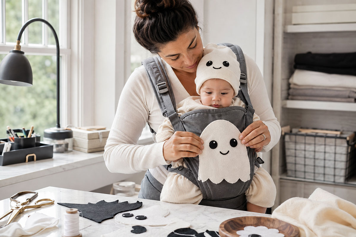 Parent adjusting a handmade felt ghost decoration on a front baby carrier while baby wears a soft ghost hat with embroidered black satin-stitch eyes and tiny white highlights.
