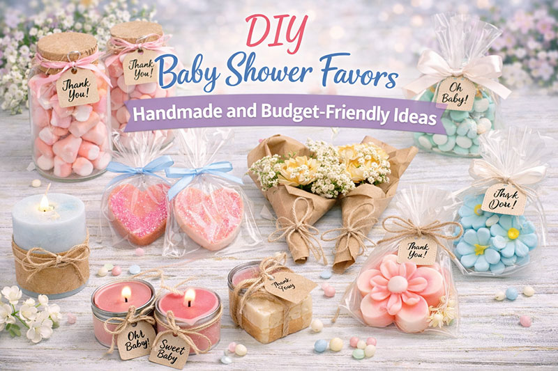 DIY baby shower favors made with ribbons, jars, and handmade tags