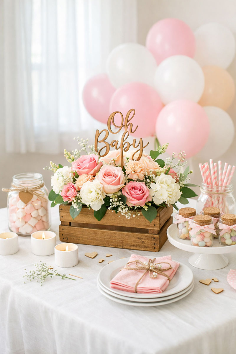 DIY baby shower table centerpiece with fresh flowers, soft pastel balloons, and simple at-home decor styling