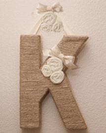 DIY craft project baby nursery wall letter initial monogram fabric flowers bow rope ribbon