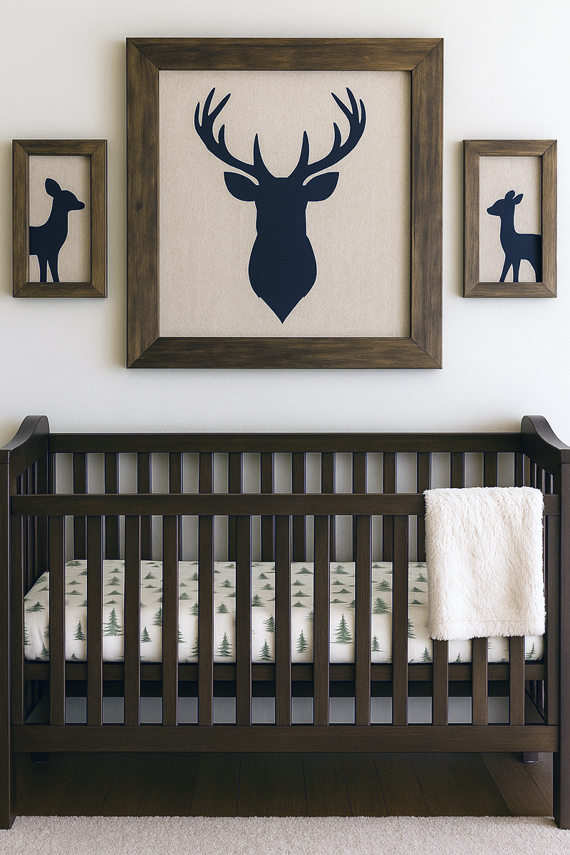 DIY deer art trio with buck and mirrored doe silhouettes in rustic wood frames above a woodland nursery crib