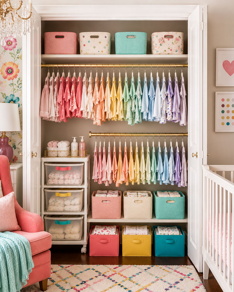 DIY nursery closet organizer with double rods, luxury drawers, colorful baby clothing, and organized shelving