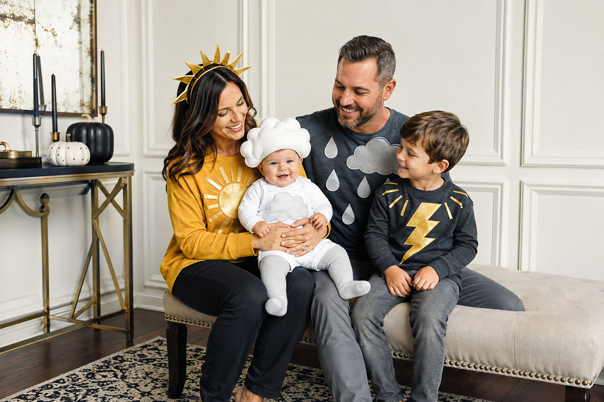 Family wearing easy DIY weather Halloween costumes with a sun, rain cloud and lightning theme and the baby dressed as a cloud