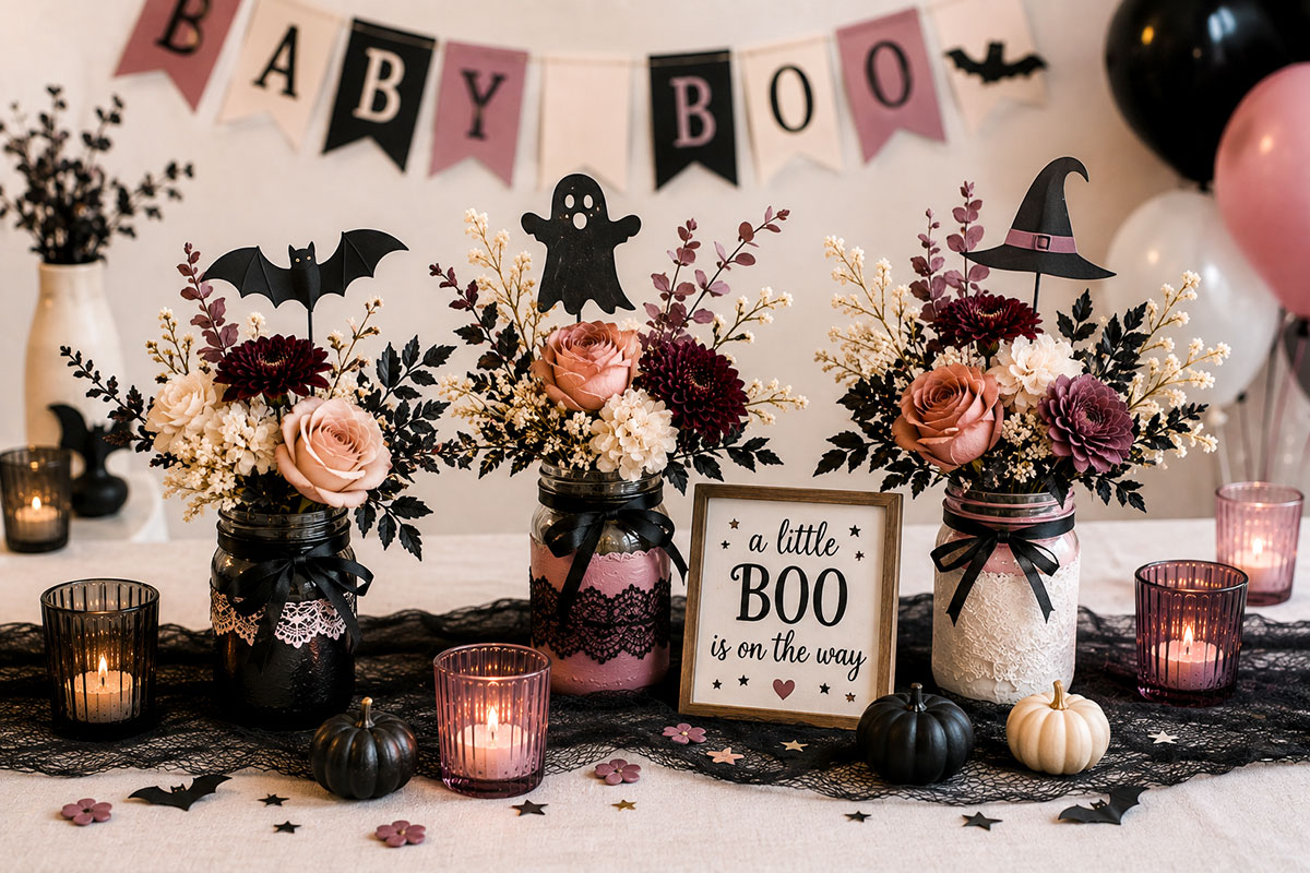 DIY Halloween baby shower centerpieces with floral mason jars, black bats, ghost and witch hat accents