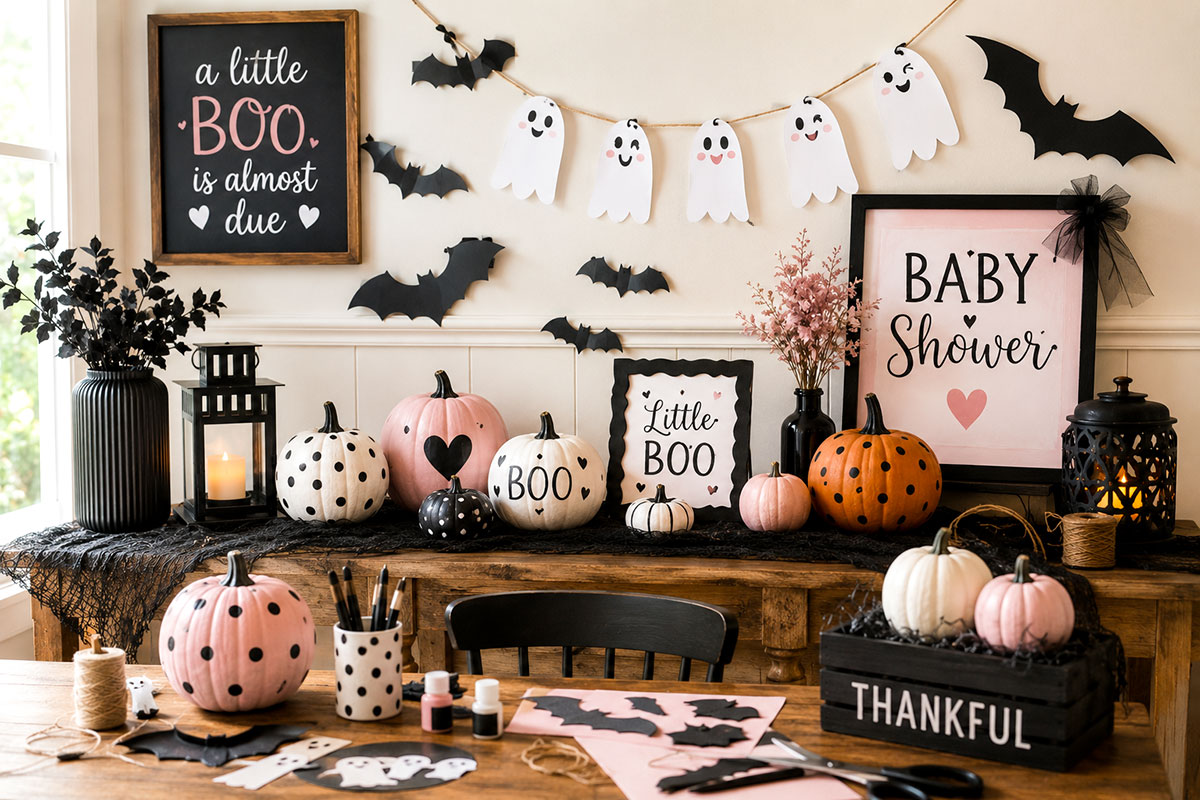 Finished DIY Halloween baby shower decorations with painted pumpkins paper bats handmade signs and ghost garland