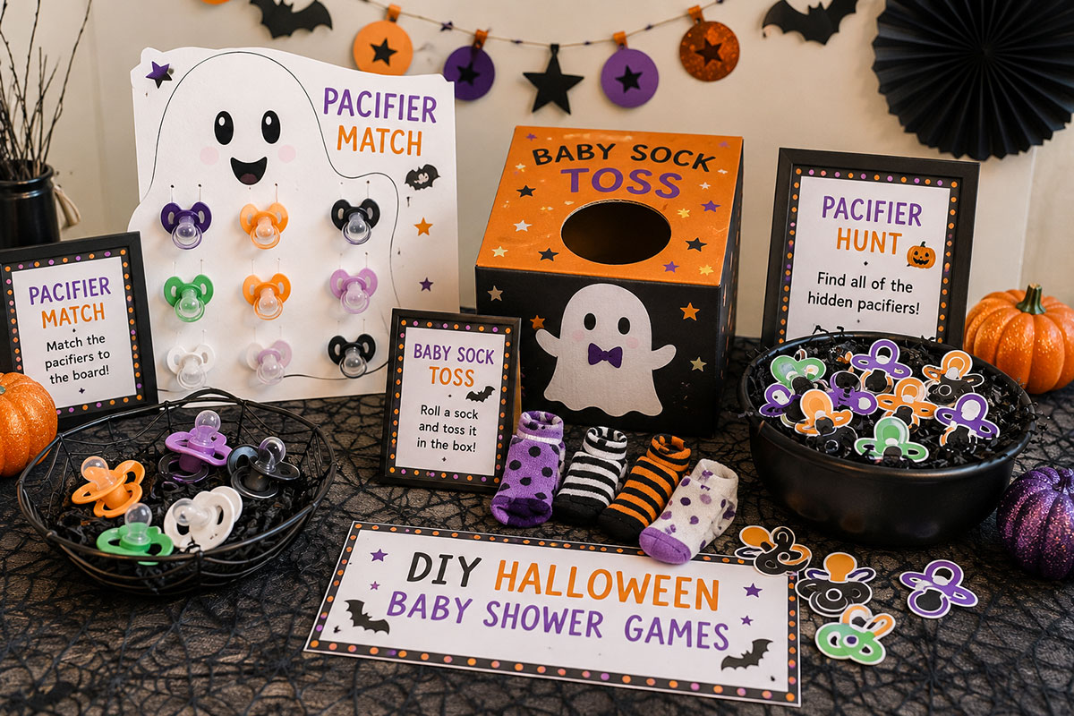DIY Halloween baby shower game setup with a friendly ghost pacifier board, baby sock toss box and paper pacifier hunt pieces