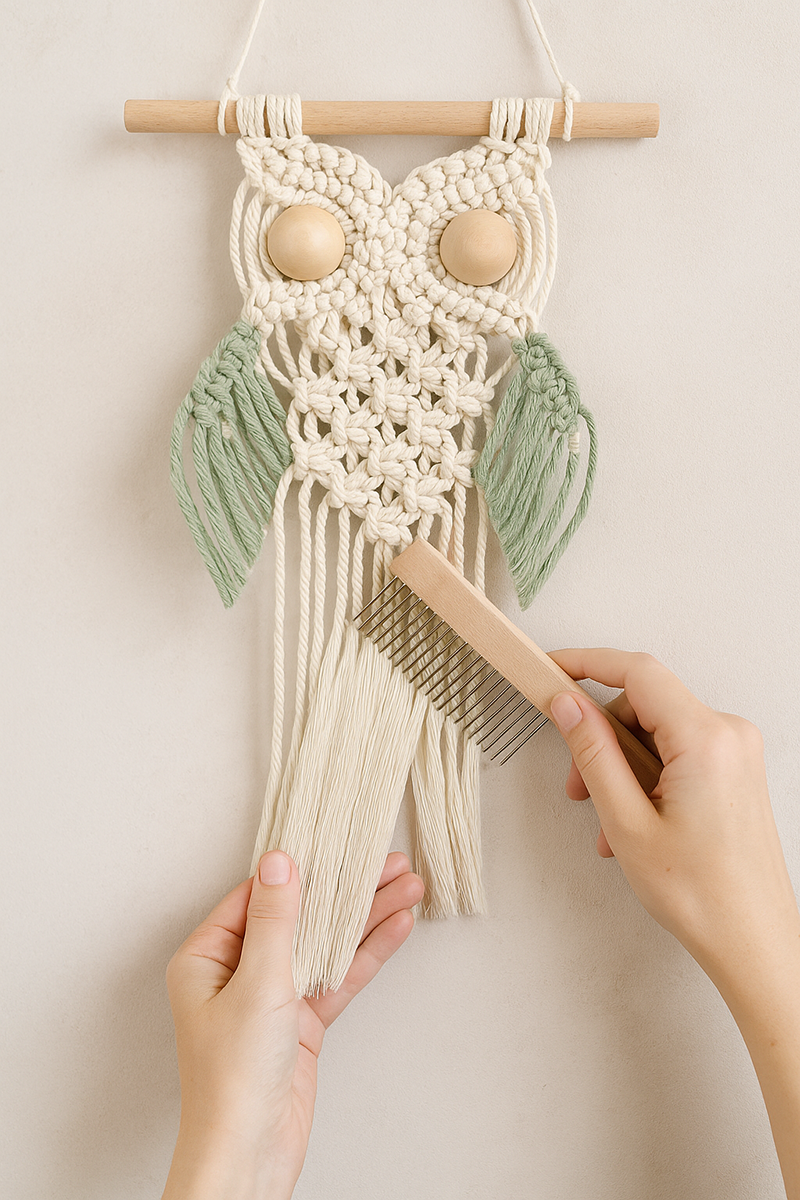 Brushing tassels on a macramé owl wall hanging for feather texture