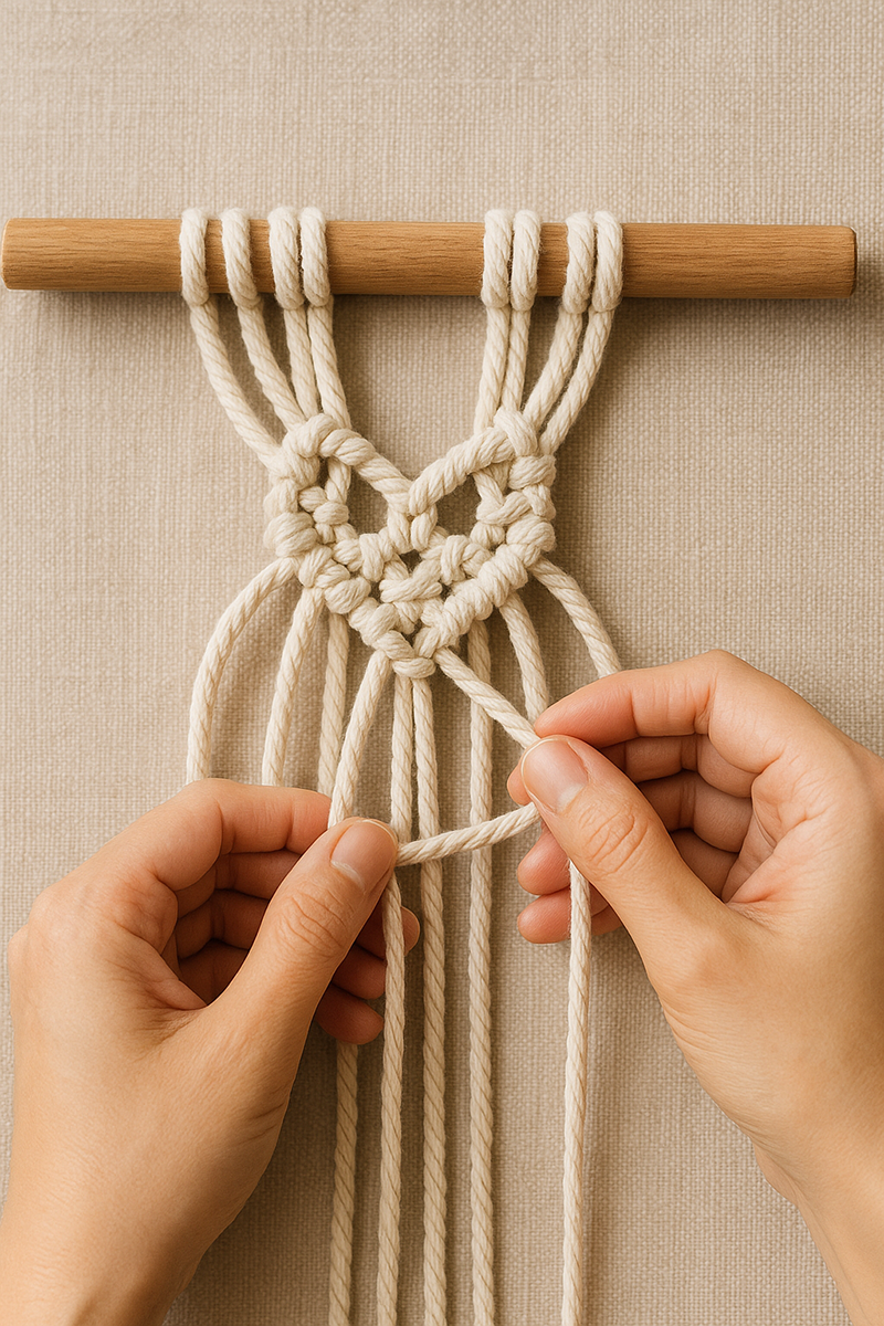 Square knots forming the head of a macramé owl wall hanging