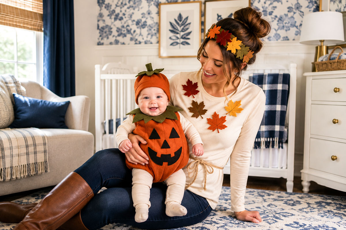 Mother and baby in an easy DIY woodland Halloween costume with the baby in a plain brown sleeper and mom wearing forest green clothing with simple felt leaf details
