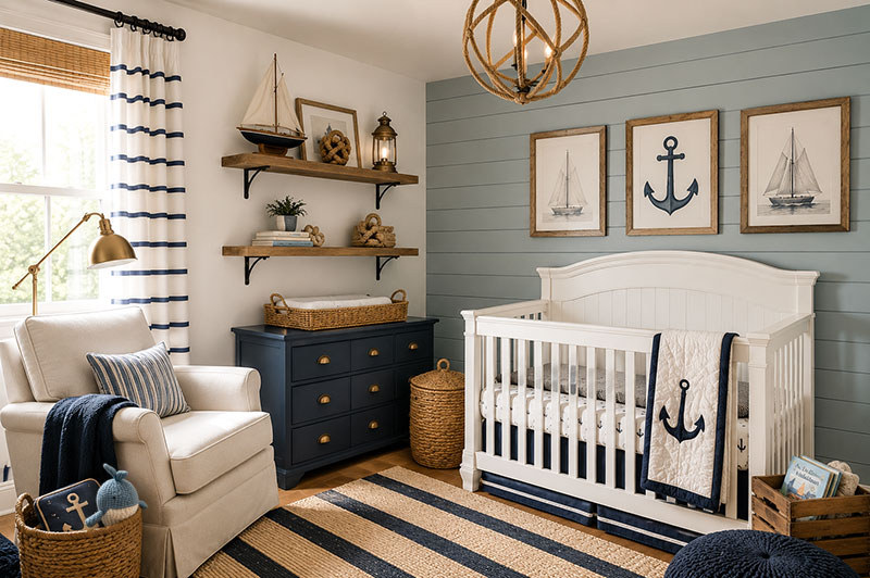 DIY nautical nursery with painted beadboard wall, brass accents, striped textiles, and coastal decor