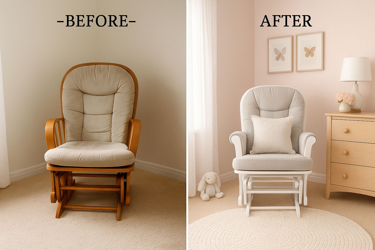 Before and after view of a DIY nursery rocker makeover showing a wooden glider chair transformed with white paint and soft gray cushions to match a beautifully decorated nursery.