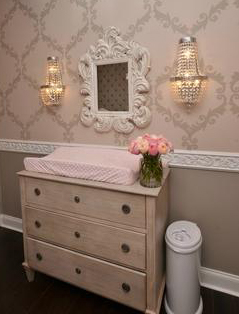 DIY painted white washed baby dresser in a grey and pink rococo baby girl princess nursery design