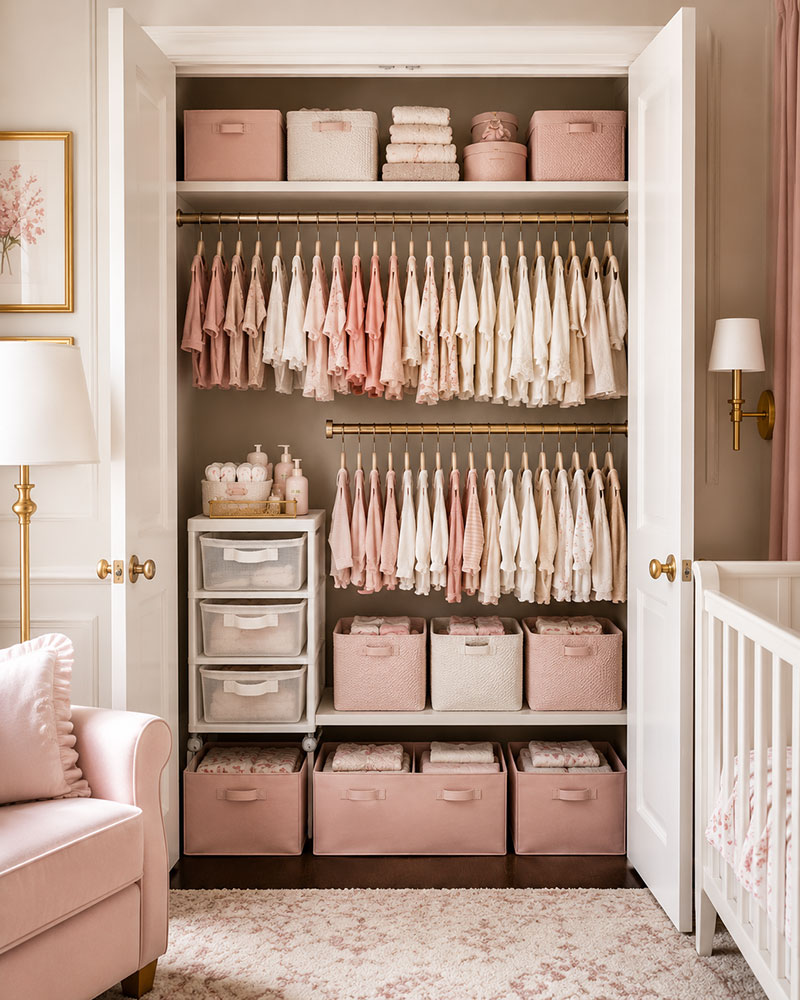 DIY small nursery closet organizer with double rods, organized bins, baskets, and baby clothes arranged in a tiny nursery
