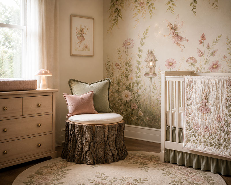 DIY woodland tree stump nursery seat with enchanted forest nursery decor